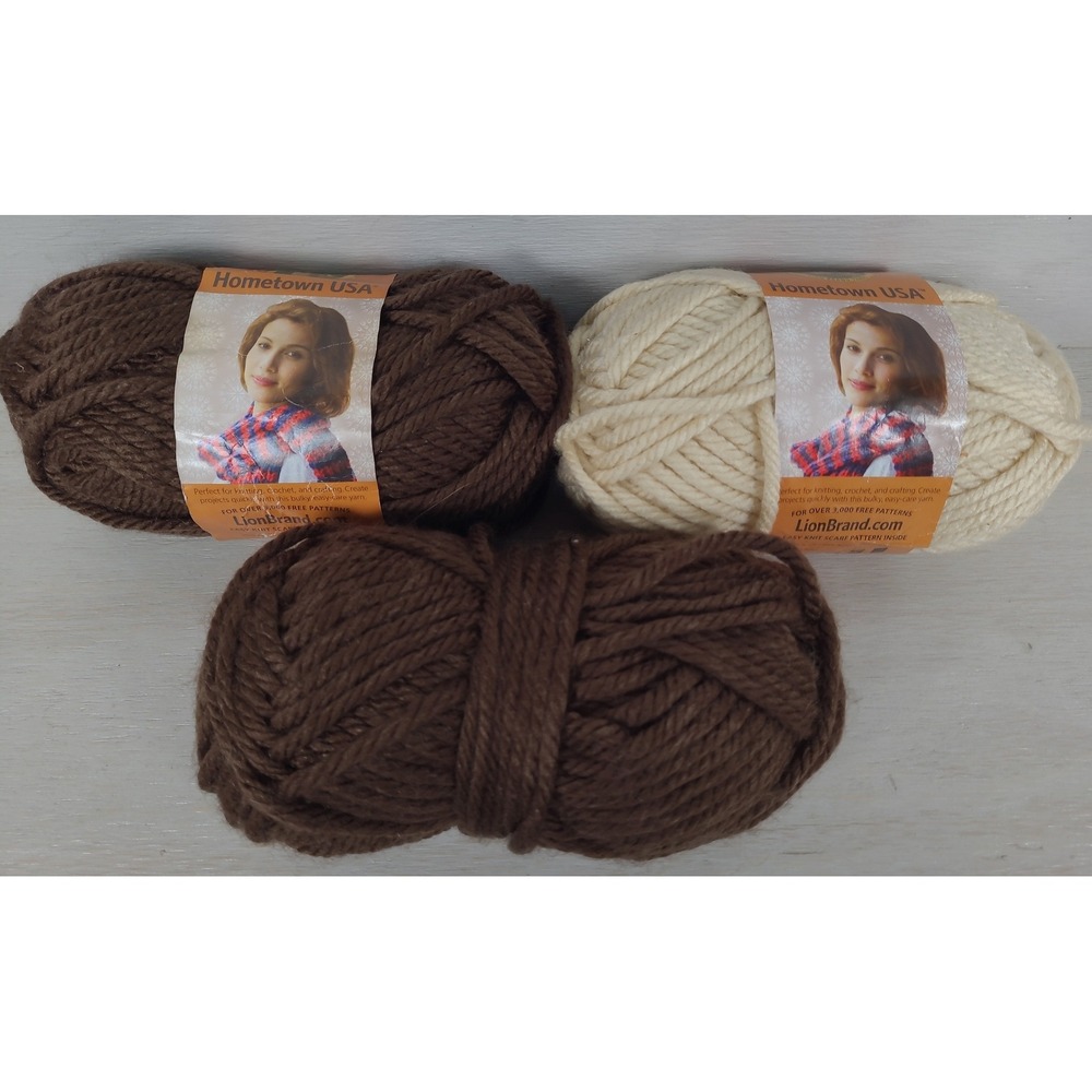 Lion Brand Hometown USA Super Bulky Yarn Lot of 3 Chocolate & Tan 100% Acrylic